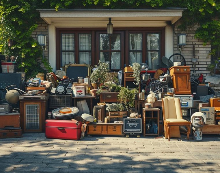Furniture, trunks and household contents cleared out onto the front walk of a house